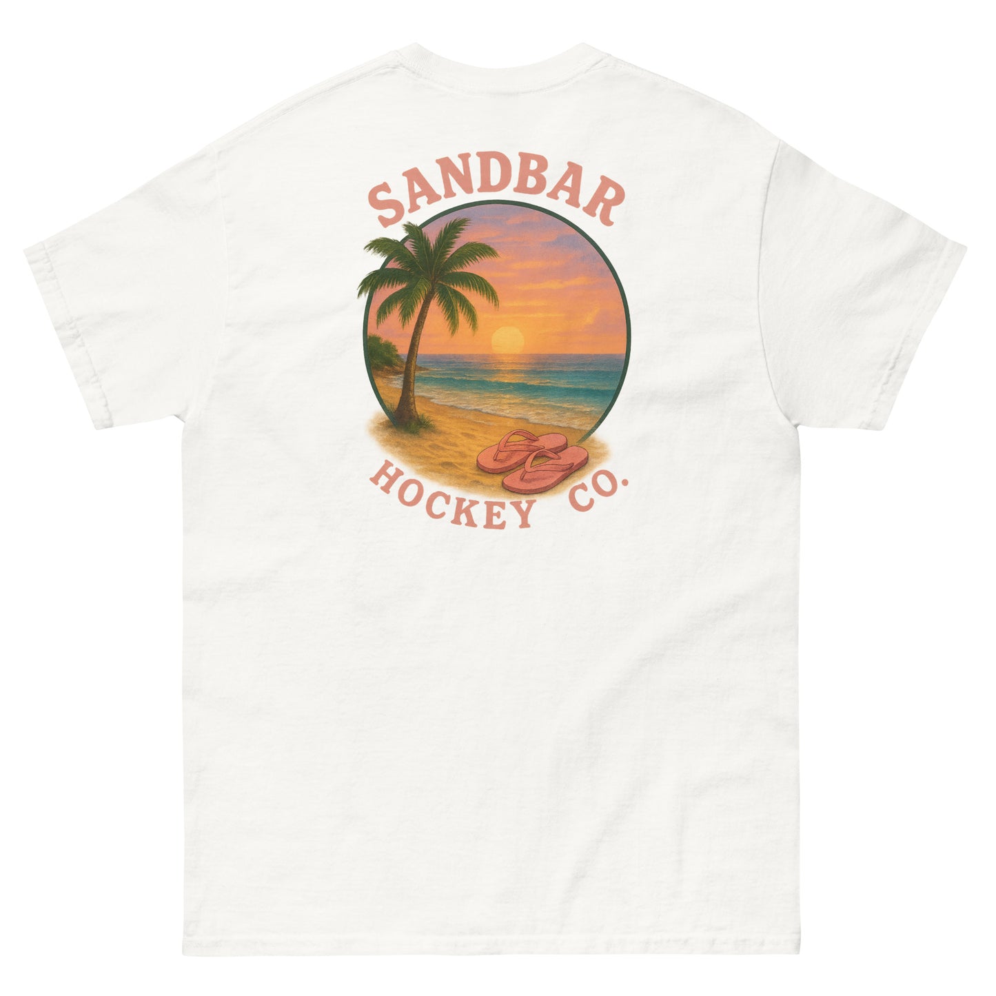 White hockey t-shirt back side with beach sunset palm tree and flip flops graphic and Sandbar Hockey Co. logo
