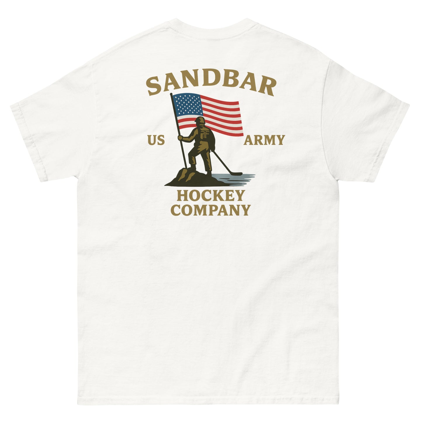 White patriotic hockey t-shirt back view with Sandbar US Army hockey graphic featuring a soldier, American flag, and hockey stick.