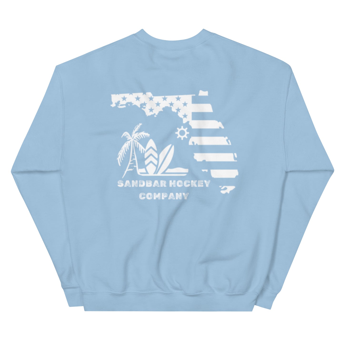 Light blue hockey crewneck sweatshirt back side with Florida state flag beach graphic and Sandbar Hockey Company logo