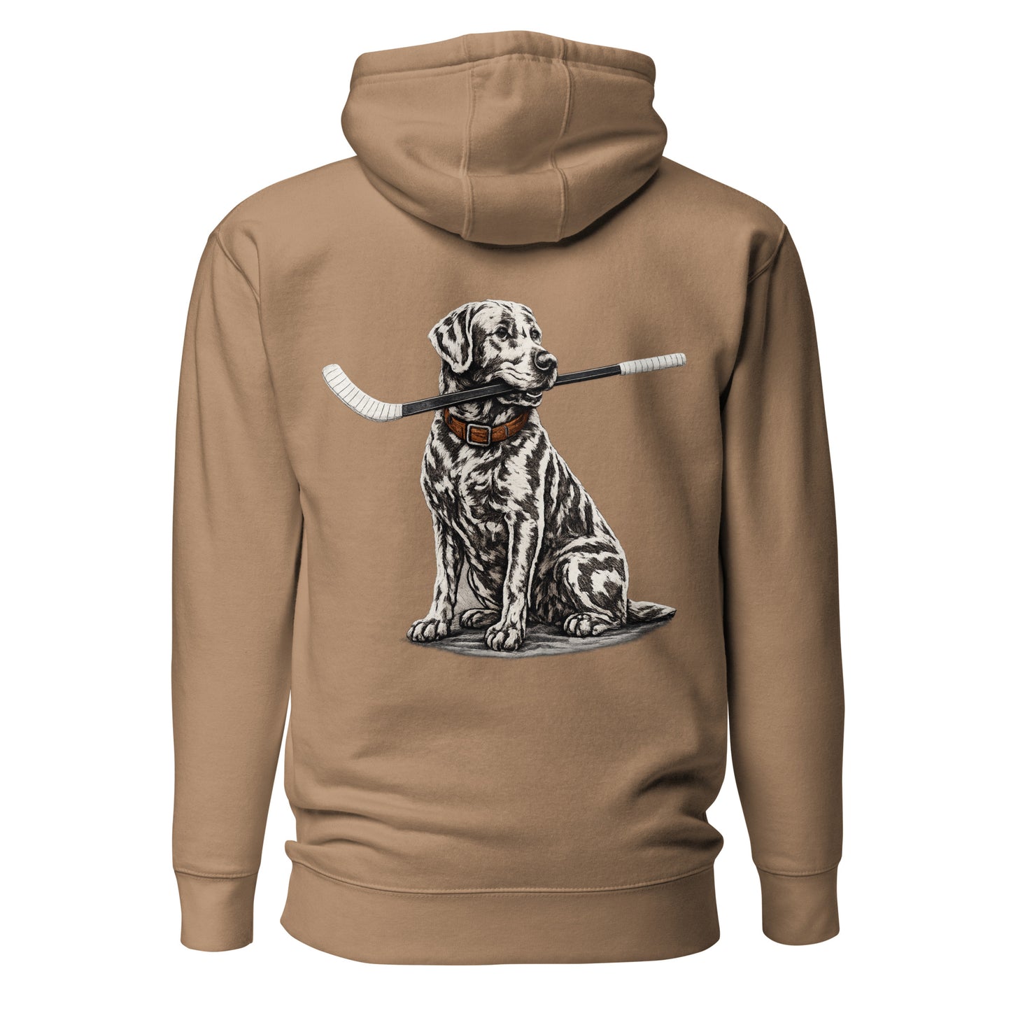 Brown hockey hoodie shown from the back, featuring the large dog-with-hockey-stick graphic across the back.