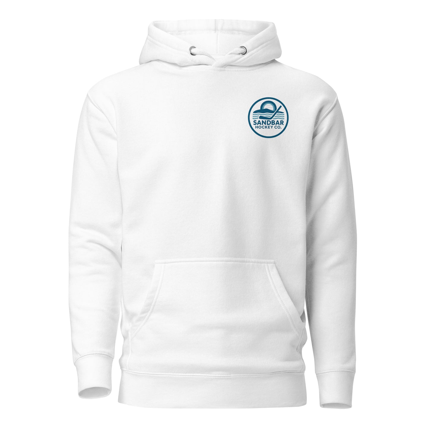 White coastal roller hockey hoodie with a small blue round Sandbar Hockey Co. logo on the front left chest