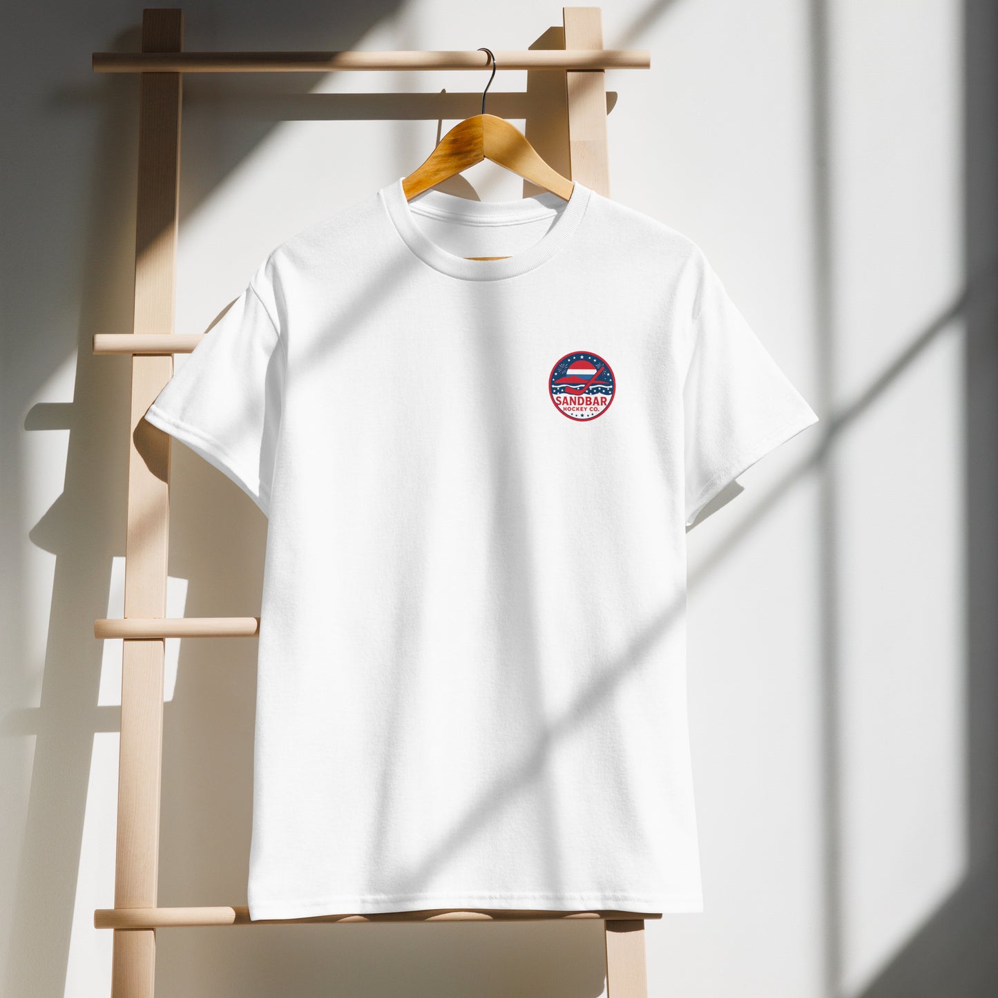 Sandbar Hockey USA mens t-shirt white side hanging mockup