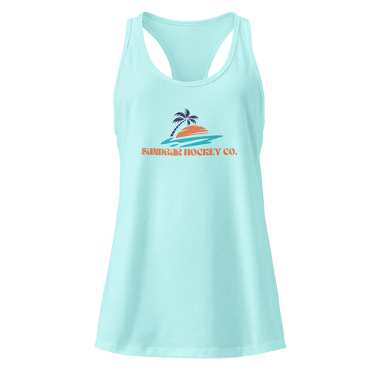 Mint women’s hockey racerback tank top front view with Sandbar Hockey Co. sunset logo.