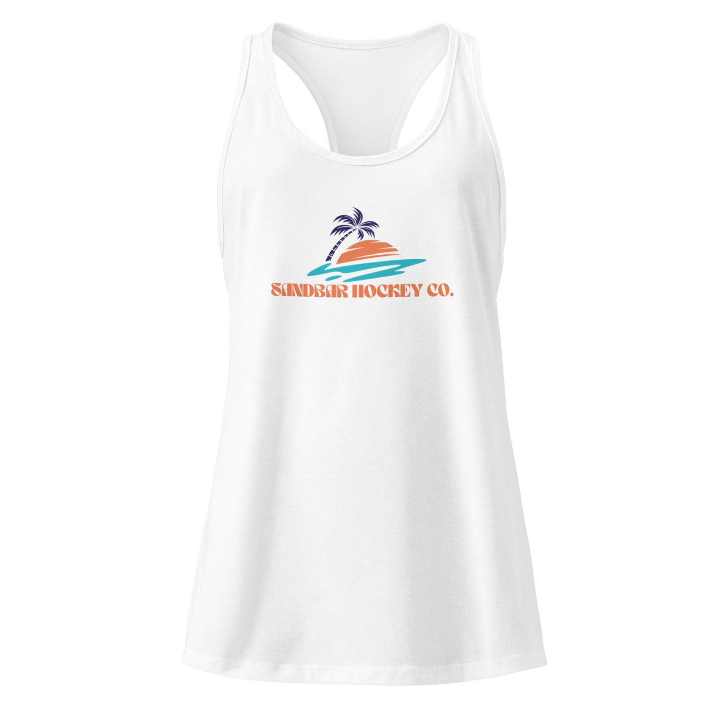 White women’s hockey racerback tank top front view with Sandbar Hockey Co. sunset logo.