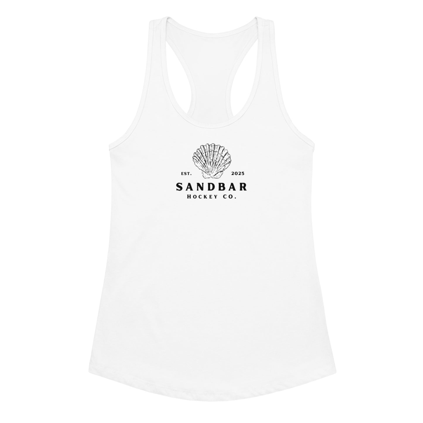 White women’s hockey racerback tank top front view with Sandbar Hockey Co. shell logo.