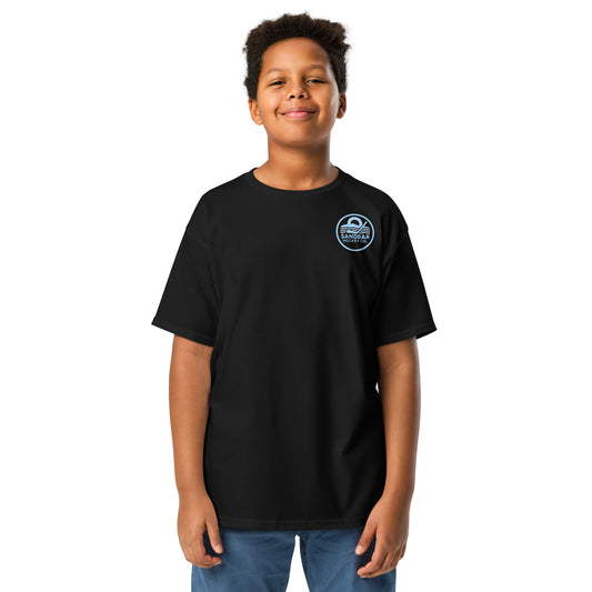 Youth black roller hockey t-shirt front view worn by a boy with baby blue Sandbar Hockey Co. chest logo.
