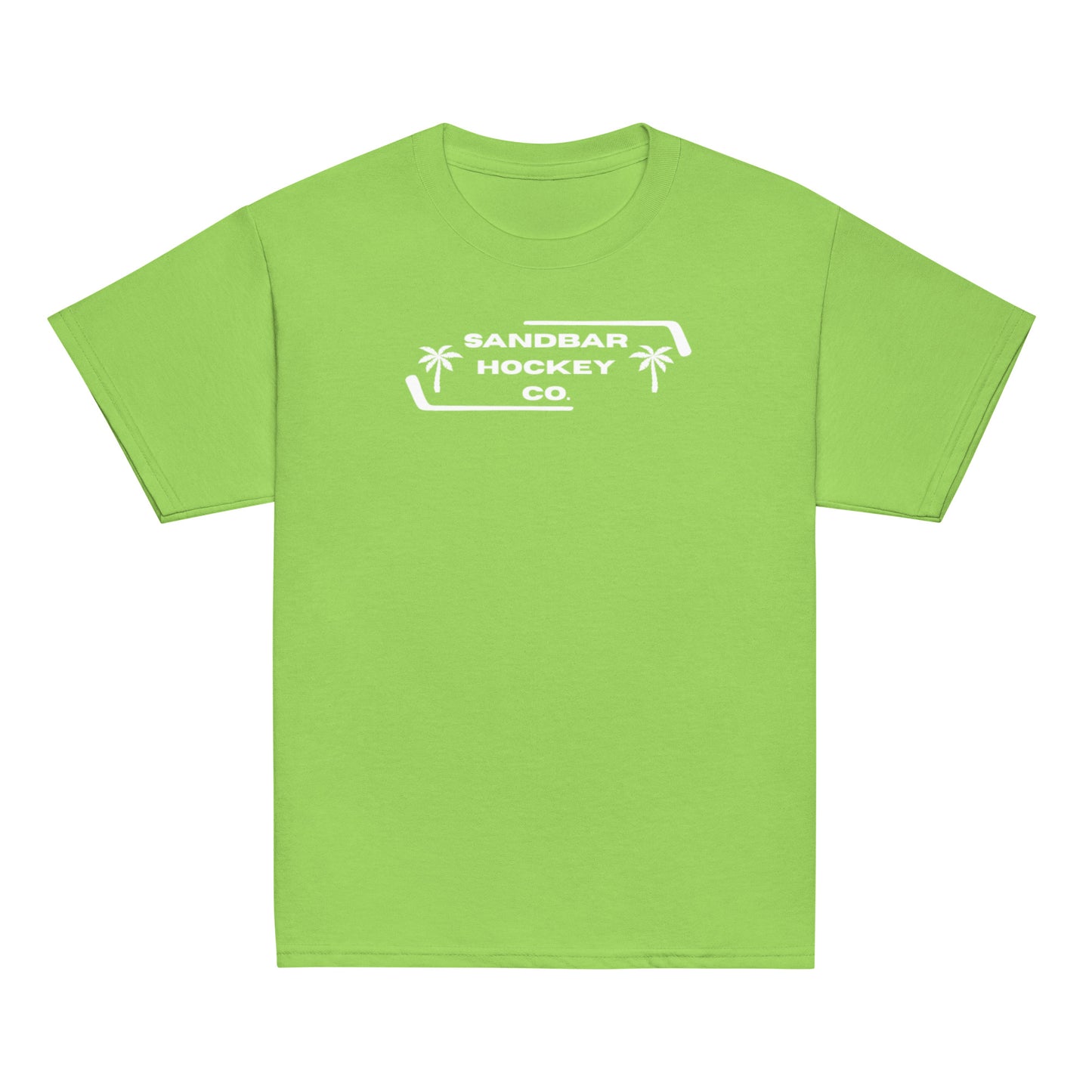 Lime green Palm Frame Youth T-Shirt with white Sandbar Hockey Co. palm frame front logo