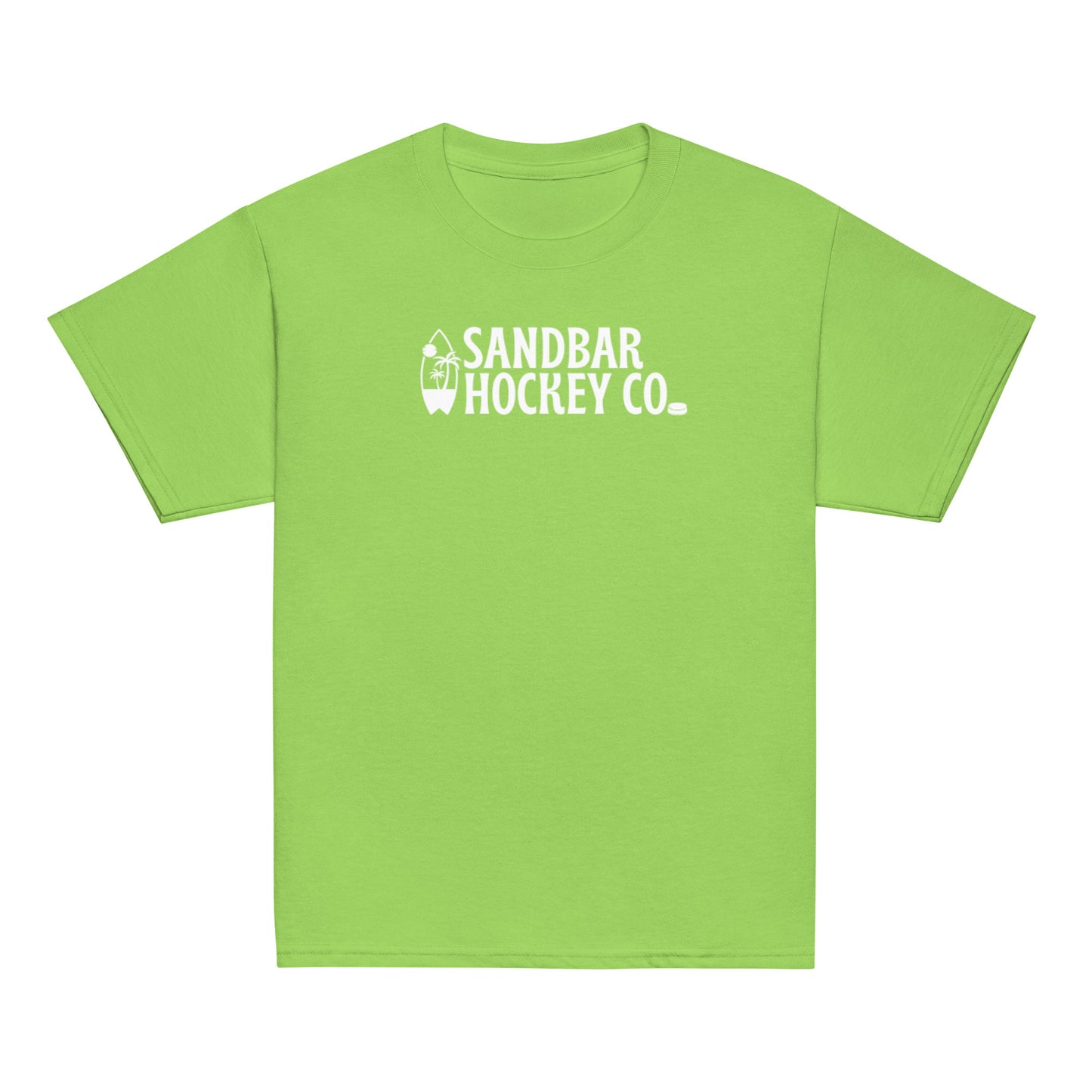Lime green youth Surfside Hockey T-Shirt with white Sandbar Hockey Co. surfboard back logo