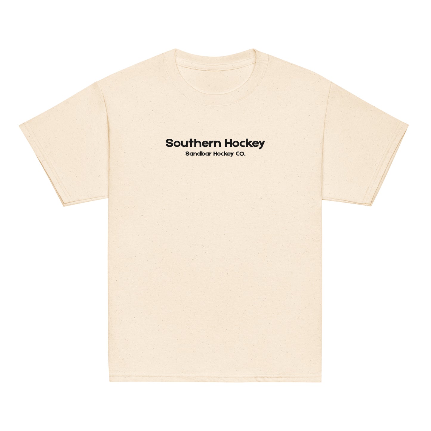 Cream youth southern hockey t-shirt front view with Southern Hockey Sandbar Hockey Co. text on the chest.