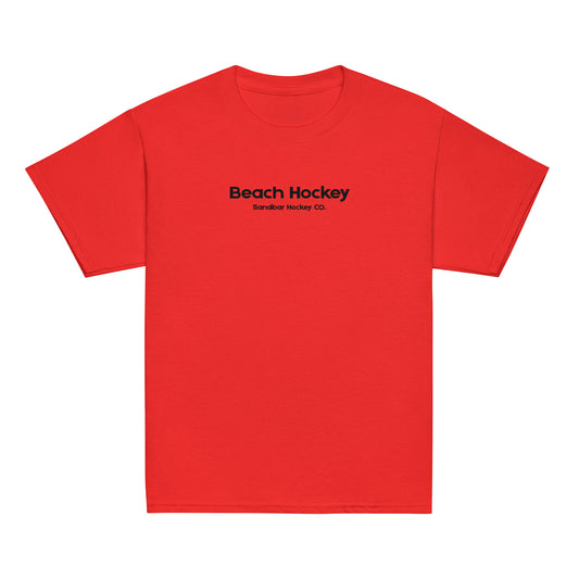 Red youth beach hockey t-shirt front view with Beach Hockey Sandbar Hockey Co. text on the chest.