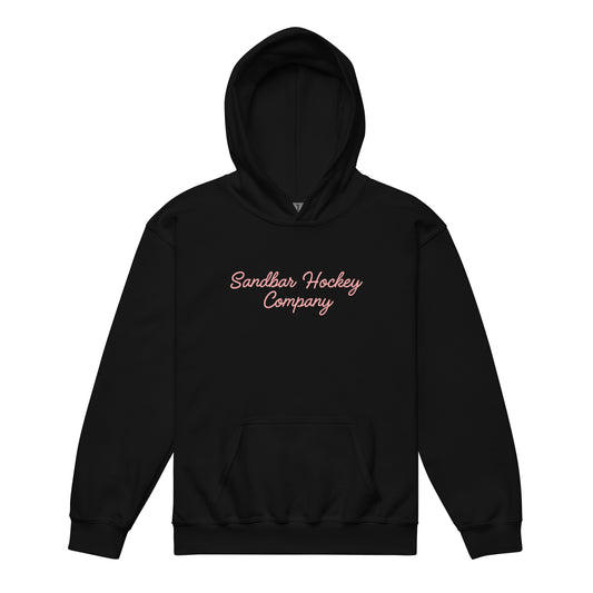 Black youth hockey hoodie front side with pink Sandbar Hockey Company cursive logo