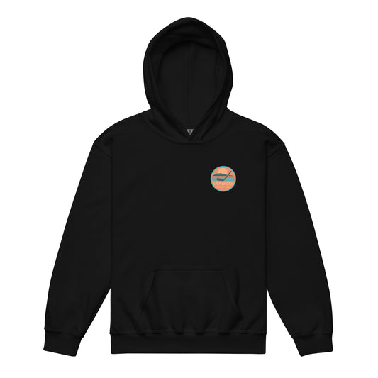 Black youth hockey hoodie front side with small circular Sandbar Hockey Co. sunset, water, island, and hockey stick chest logo