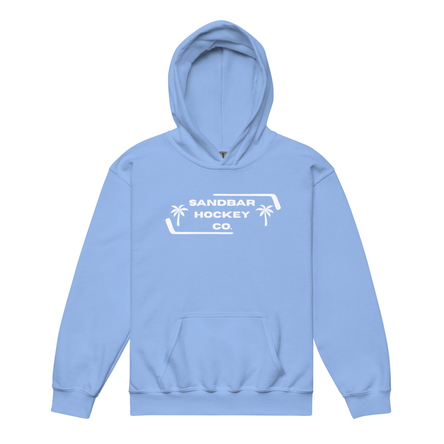 Carolina blue Palm Frame Youth Hoodie with white Sandbar Hockey Co. palm frame front logo