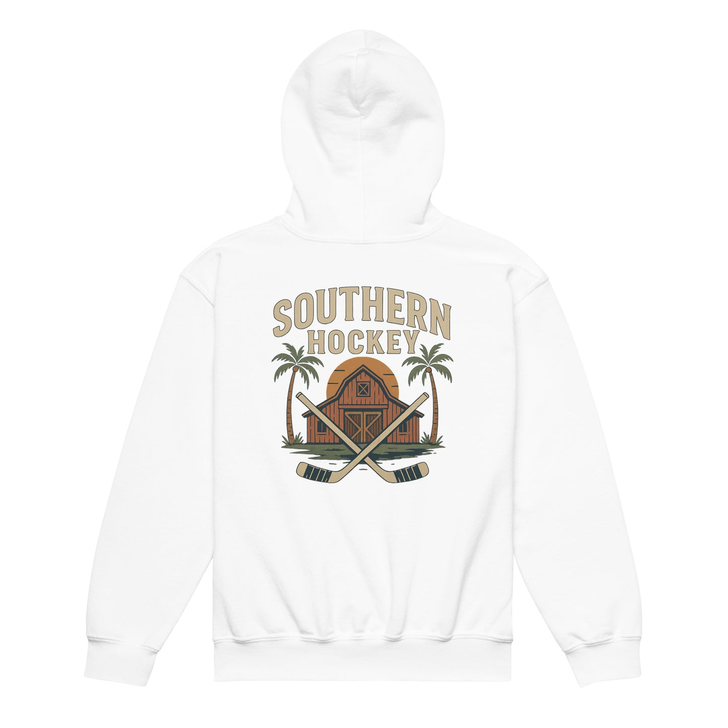 White youth hockey hoodie back side with Southern Hockey barn graphic, crossed hockey sticks, palm trees, and sunset design