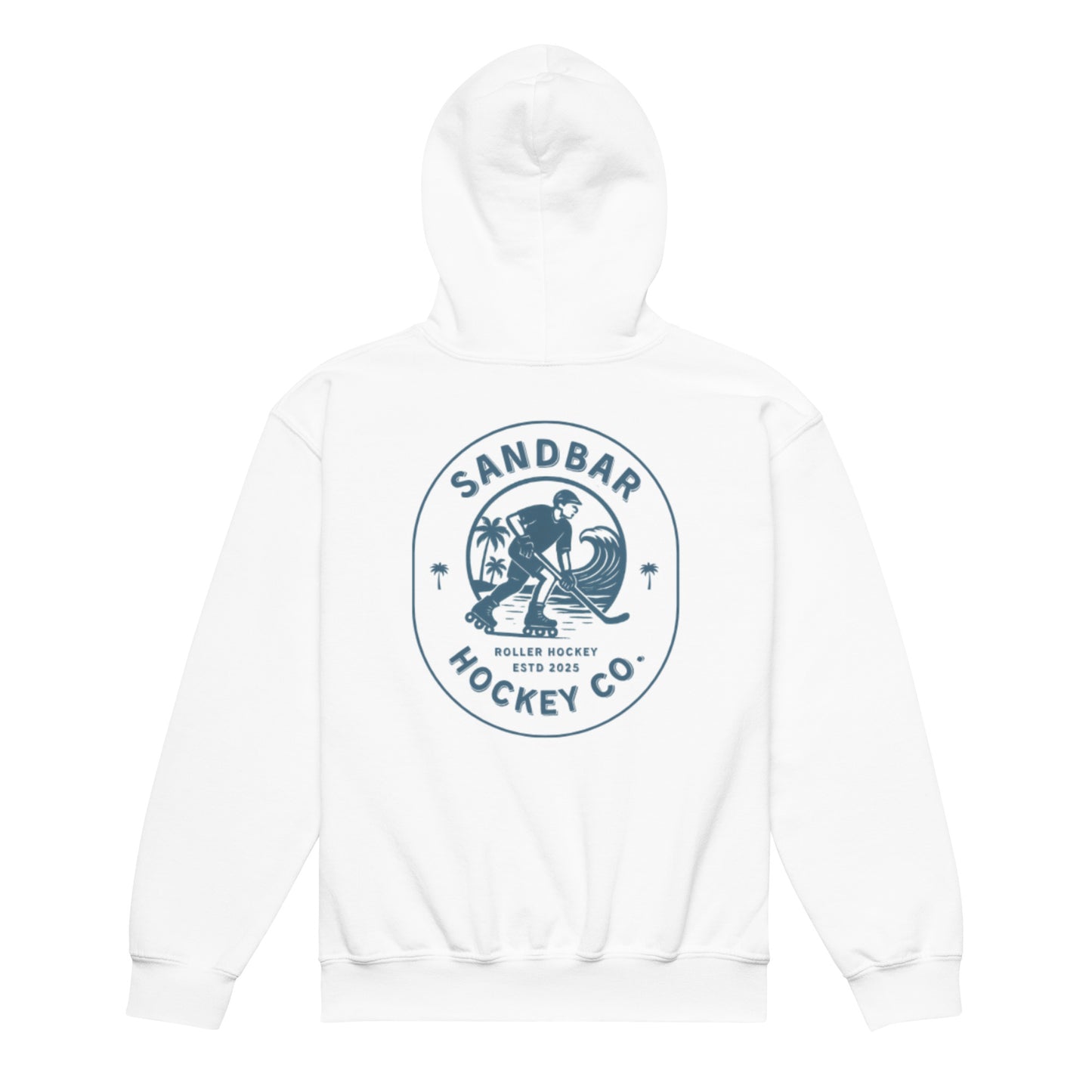 White youth roller hockey hoodie back side with large circular roller hockey graphic featuring skater, ocean wave, palm trees, and Sandbar Hockey Co. text