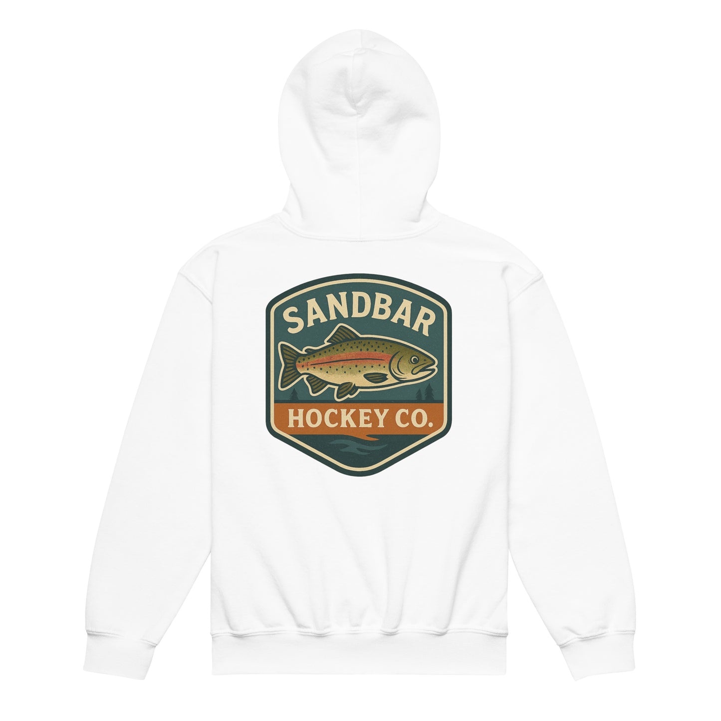 White youth hockey hoodie back side with large trout badge graphic and Sandbar Hockey Co. text