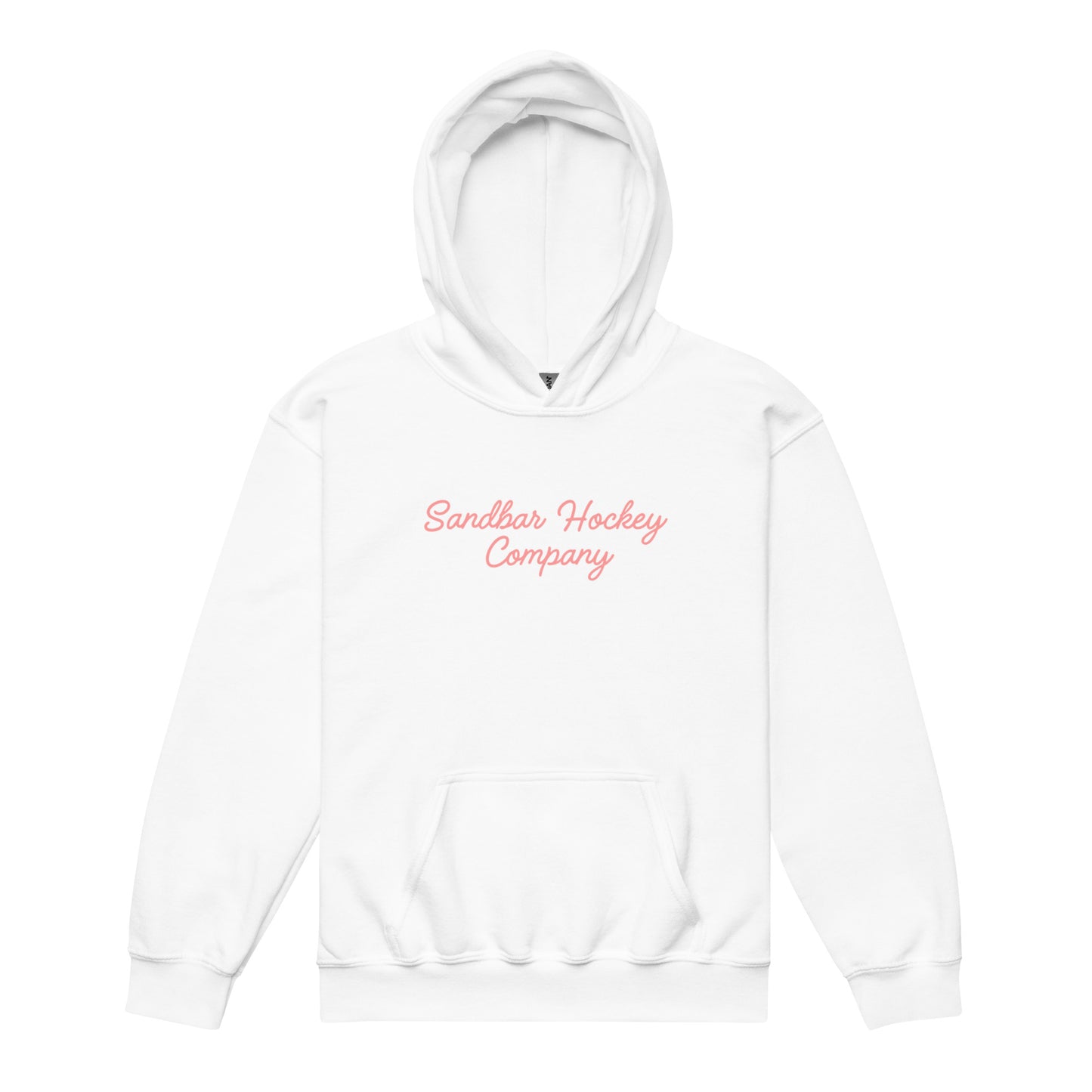 White youth hockey hoodie front side with pink Sandbar Hockey Company cursive logo