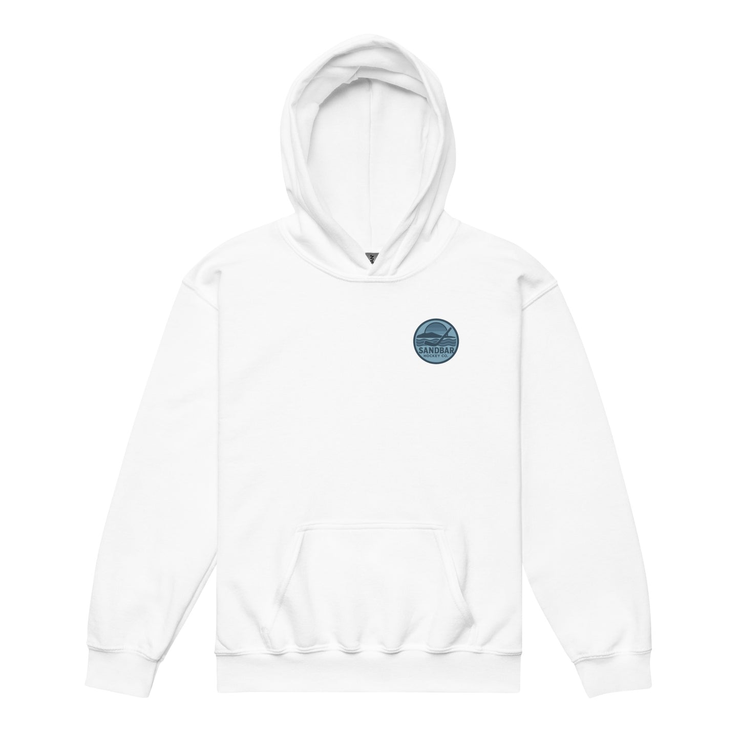 White youth fishing hockey hoodie front side with small blue Sandbar Hockey logo