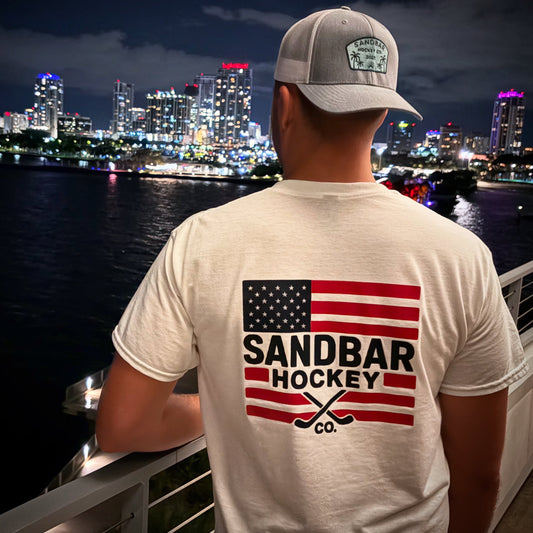 Sandbar Hockey USA mens t-shirt white back graphic lifestyle photo