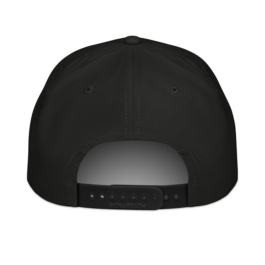 Black hockey dad rope hat back view showing snapback opening and solid black rear panels.