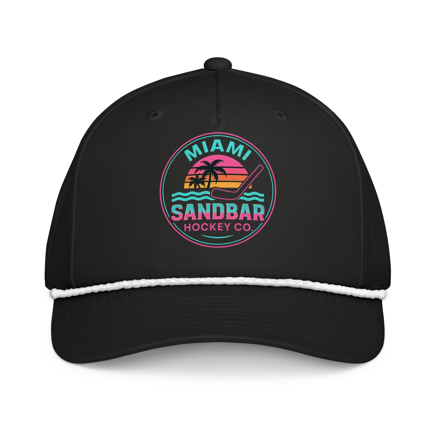 Black Miami hockey snapback hat front view with neon Miami Sandbar Hockey Co. logo and white rope detail.