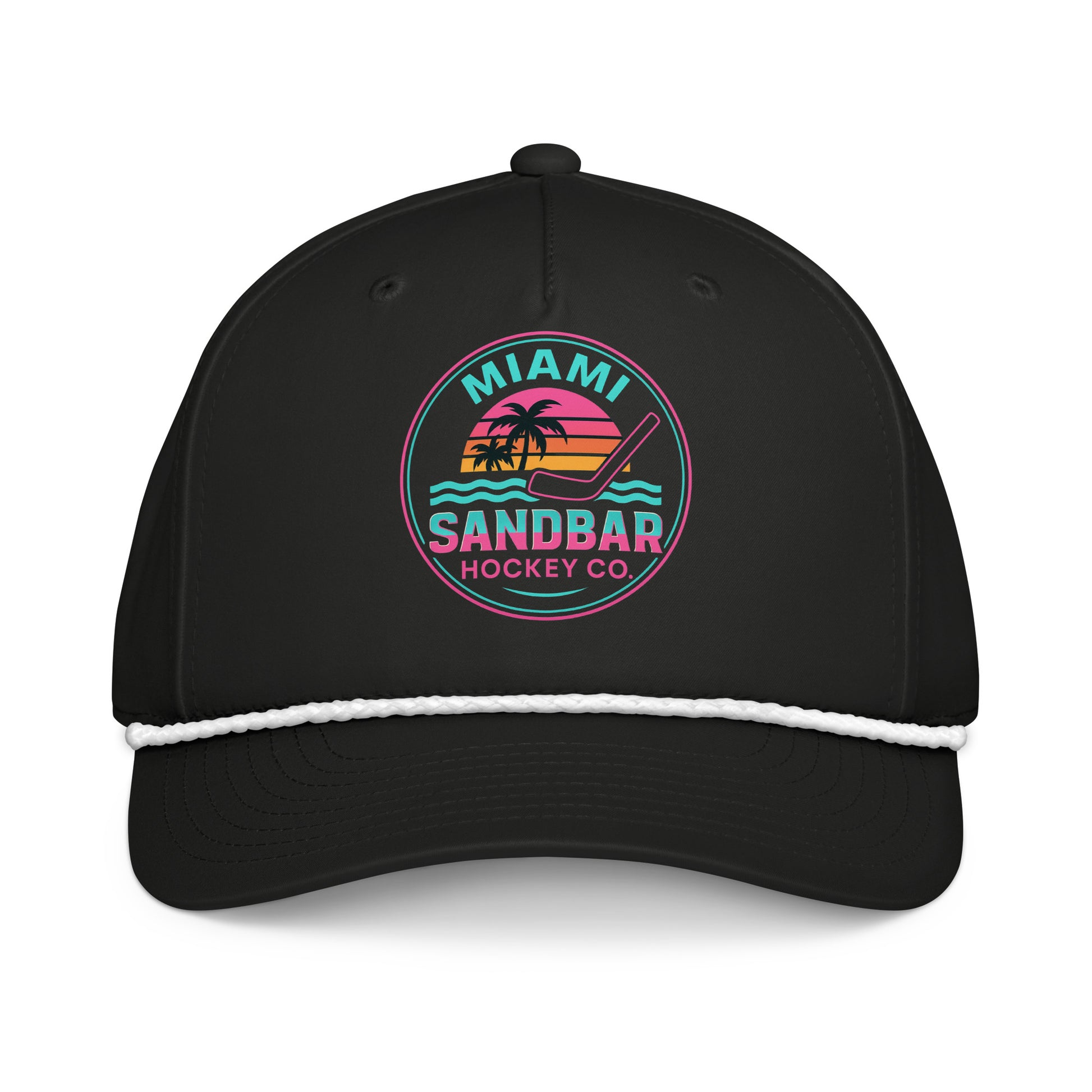 Black Miami hockey snapback hat front view with neon Miami Sandbar Hockey Co. logo and white rope detail.