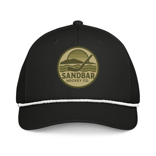 Black hockey rope hat front view with olive Sandbar Hockey Co. sunset logo and white rope detail.