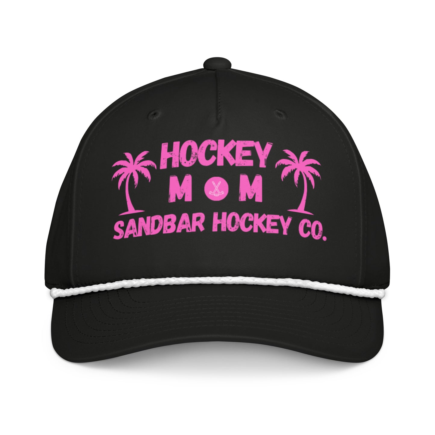 Black hockey mom rope hat front view with pink Hockey Mom Sandbar Hockey Co. graphic and white rope detail.