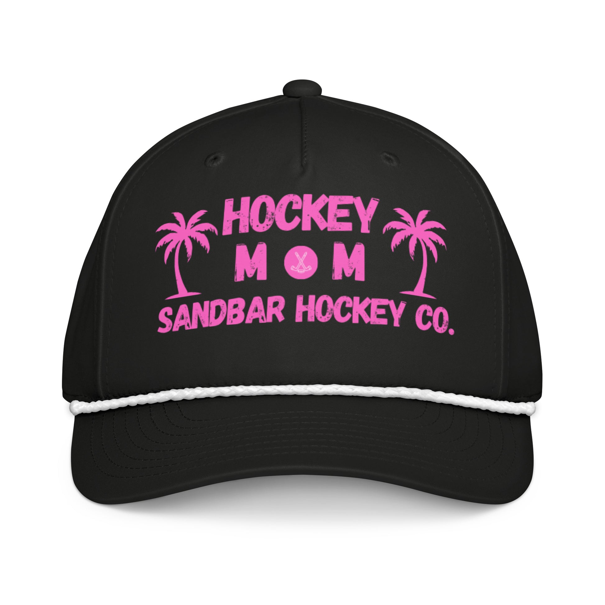 Black hockey mom rope hat front view with pink Hockey Mom Sandbar Hockey Co. graphic and white rope detail.