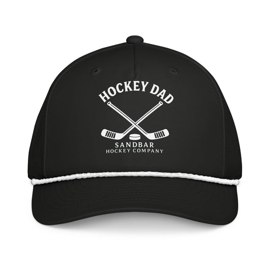 Black hockey dad rope hat front view with Hockey Dad Sandbar Hockey Company graphic and white rope detail.