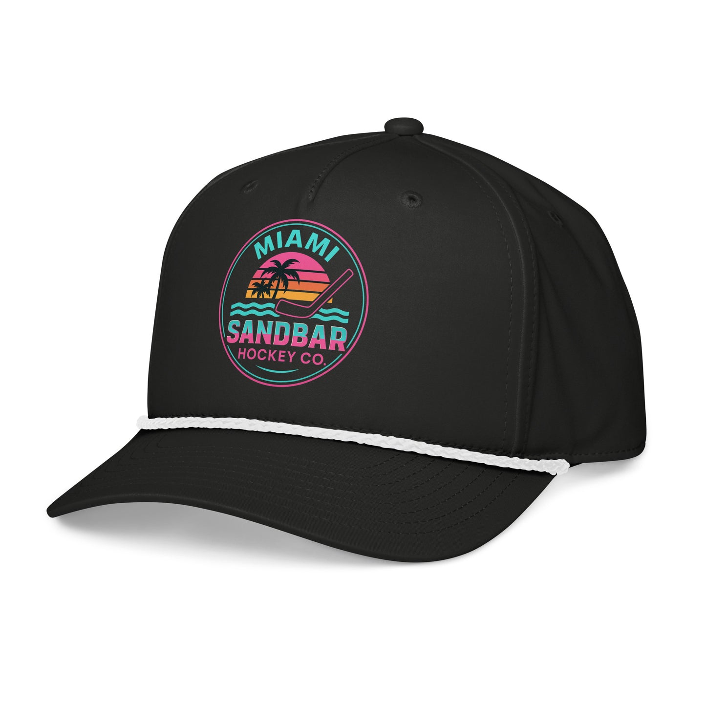 Black Miami hockey snapback hat right front angle view with colorful Sandbar Hockey Co. sunset logo and curved brim.