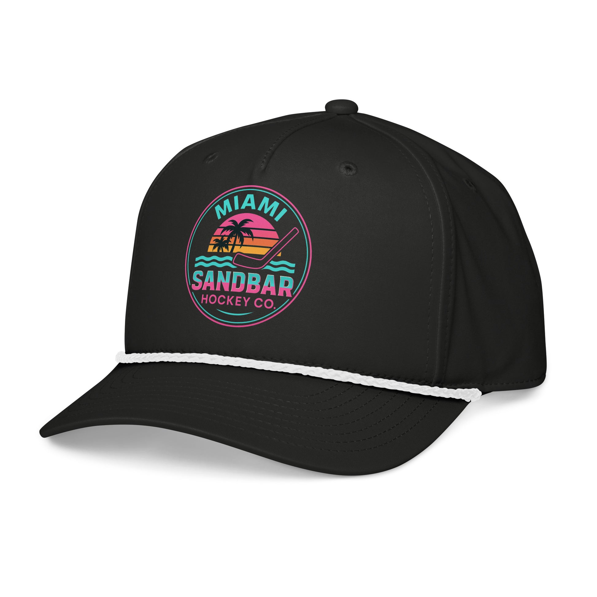 Black Miami hockey snapback hat right front angle view with colorful Sandbar Hockey Co. sunset logo and curved brim.