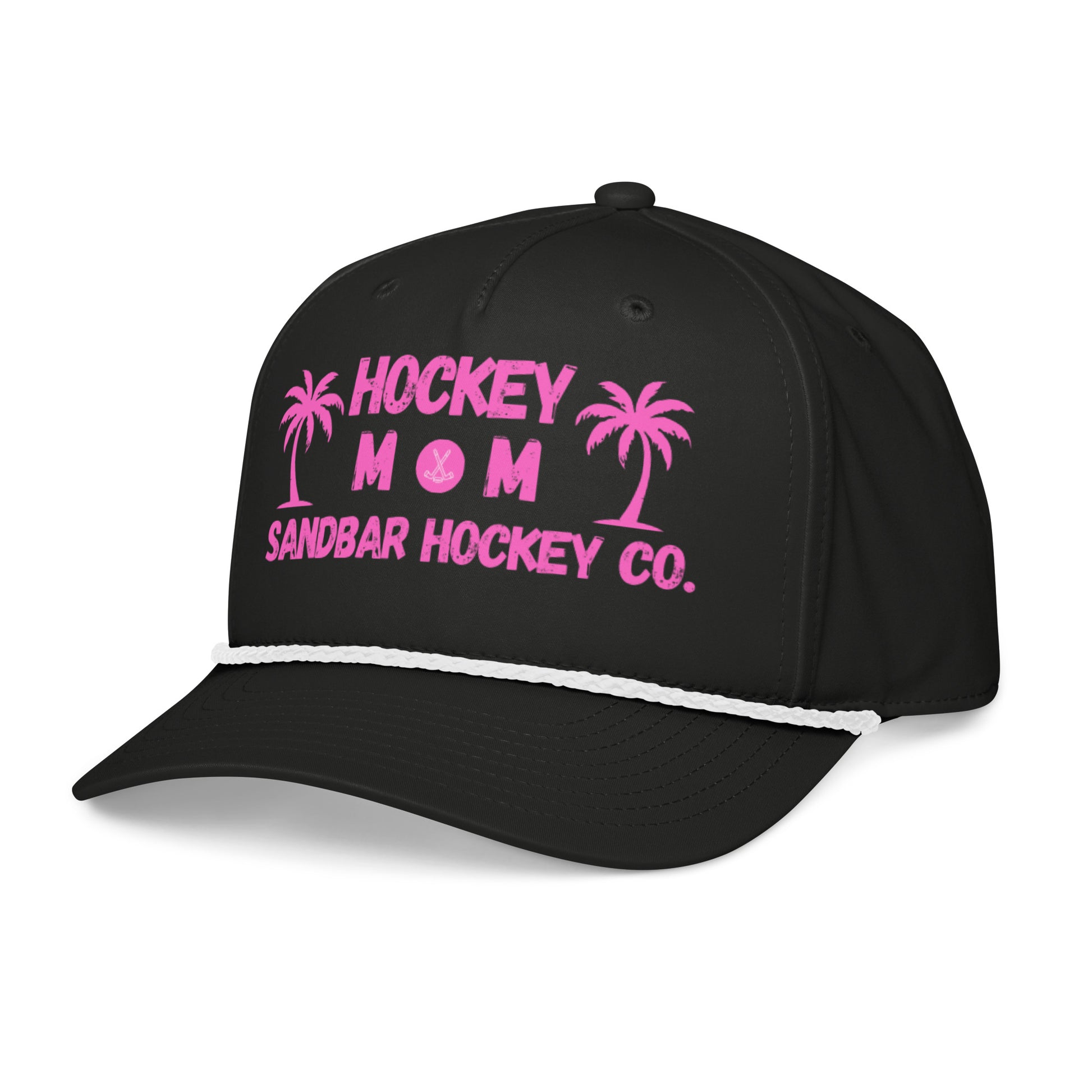 Black hockey mom rope hat left front angle view with pink Hockey Mom Sandbar Hockey Co. graphic and white rope detail.