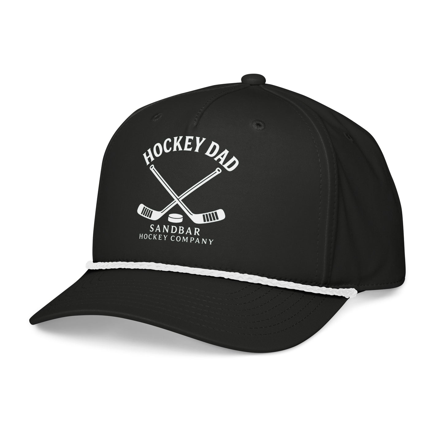 Black hockey dad rope hat left front angle view with Hockey Dad Sandbar Hockey Company graphic and white rope detail.