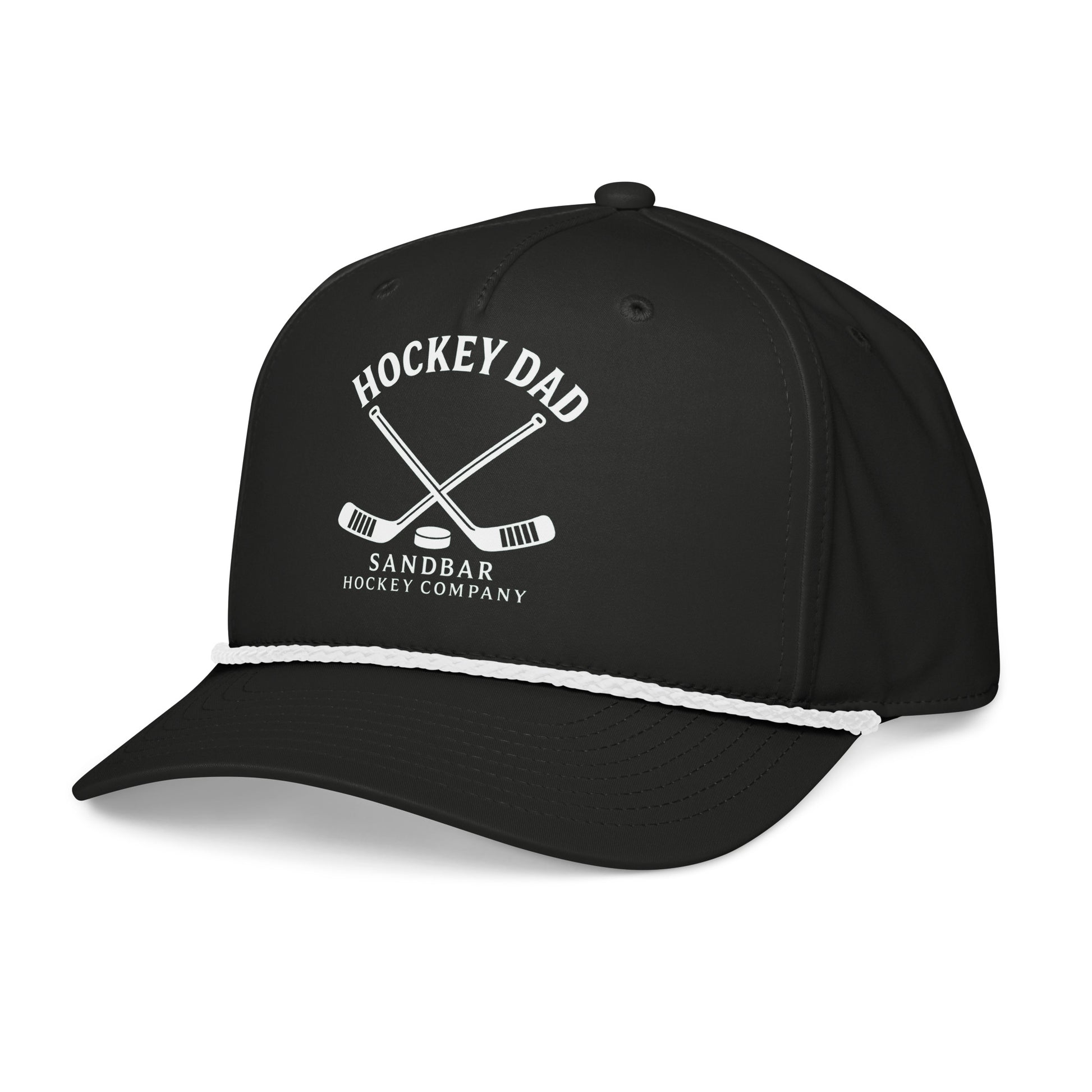 Black hockey dad rope hat left front angle view with Hockey Dad Sandbar Hockey Company graphic and white rope detail.
