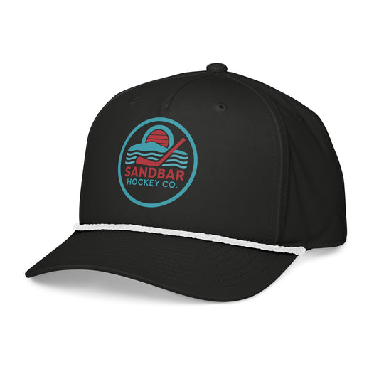 Black Sandbar Hockey Co. snapback rope hat angled front view with circular coastal hockey logo