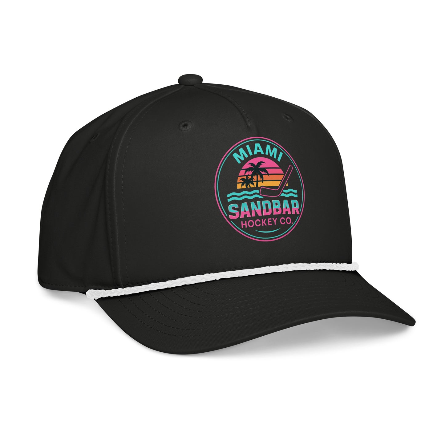 Black Miami hockey snapback hat left front angle view with neon Miami Sandbar Hockey Co. logo, white rope detail, and curved brim.