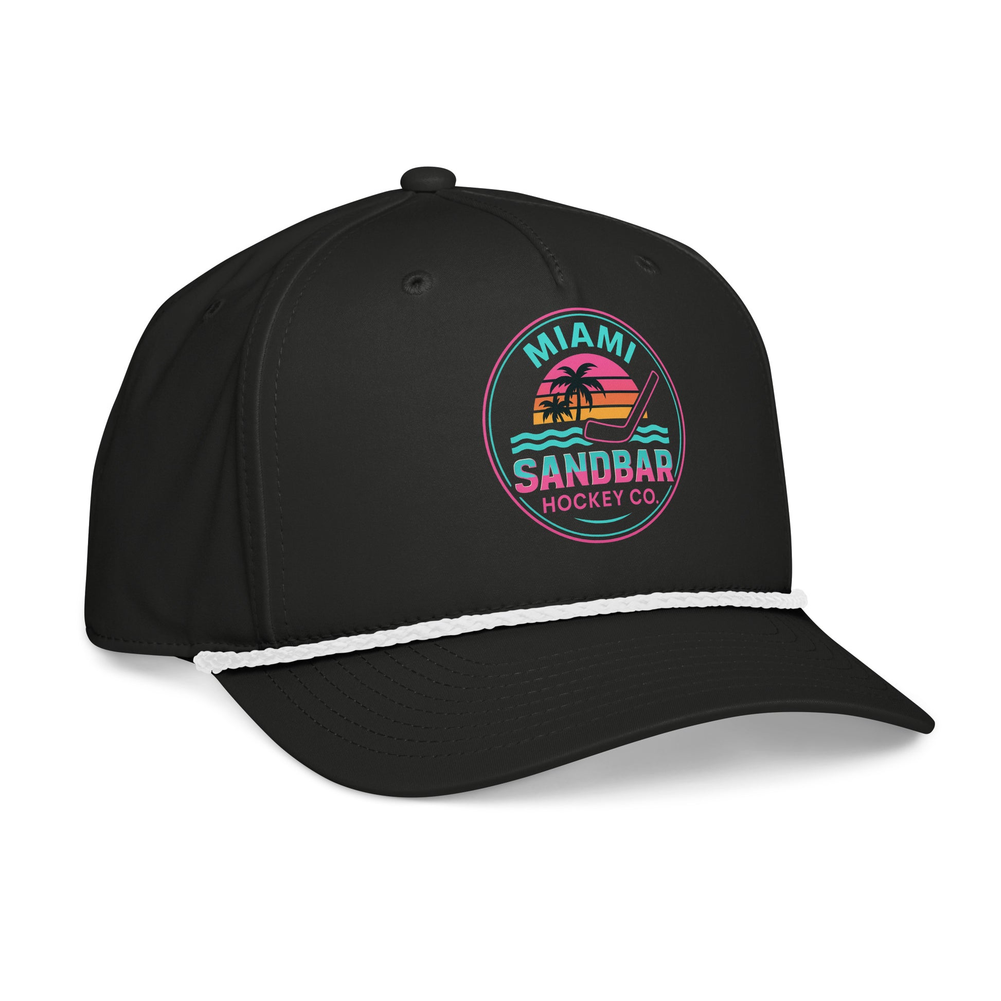Black Miami hockey snapback hat left front angle view with neon Miami Sandbar Hockey Co. logo, white rope detail, and curved brim.