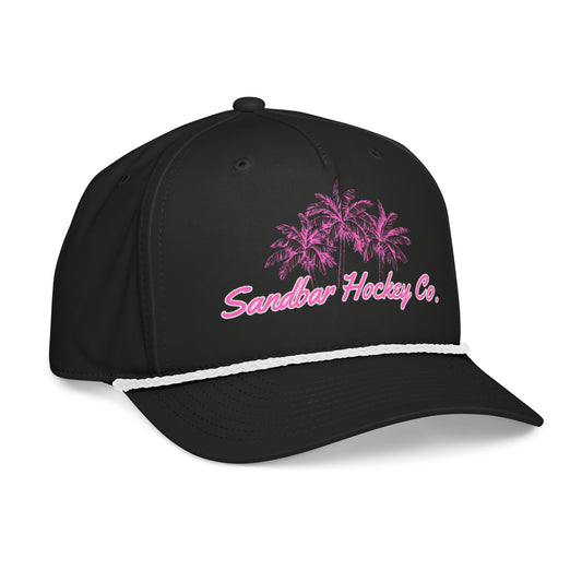 Black women’s hockey rope hat left front angle view with pink palm tree Sandbar Hockey Co. logo, white rope detail, and curved brim.