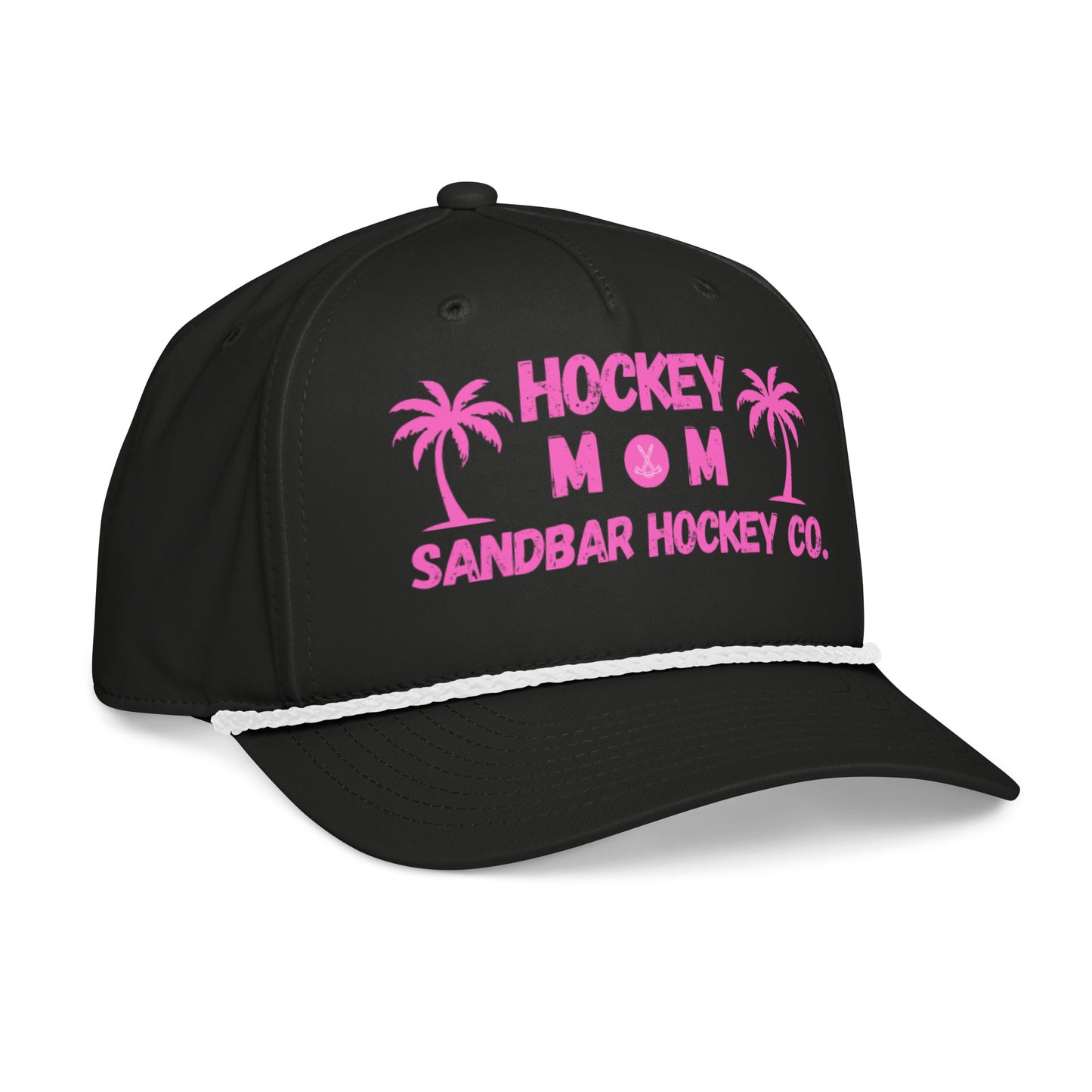 Black hockey mom rope hat right front angle view with pink Hockey Mom Sandbar Hockey Co. graphic and white rope detail.