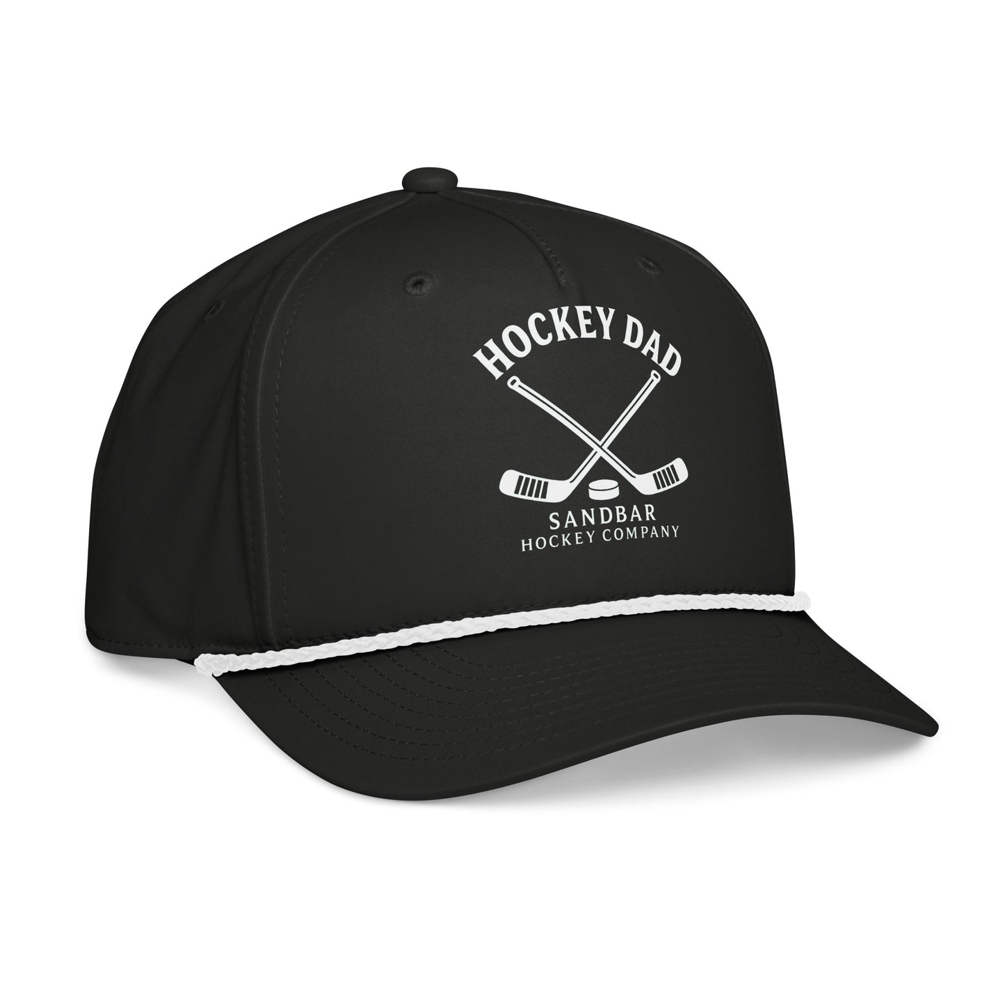 Black hockey dad rope hat right front angle view with Hockey Dad Sandbar Hockey Company graphic and white rope detail.