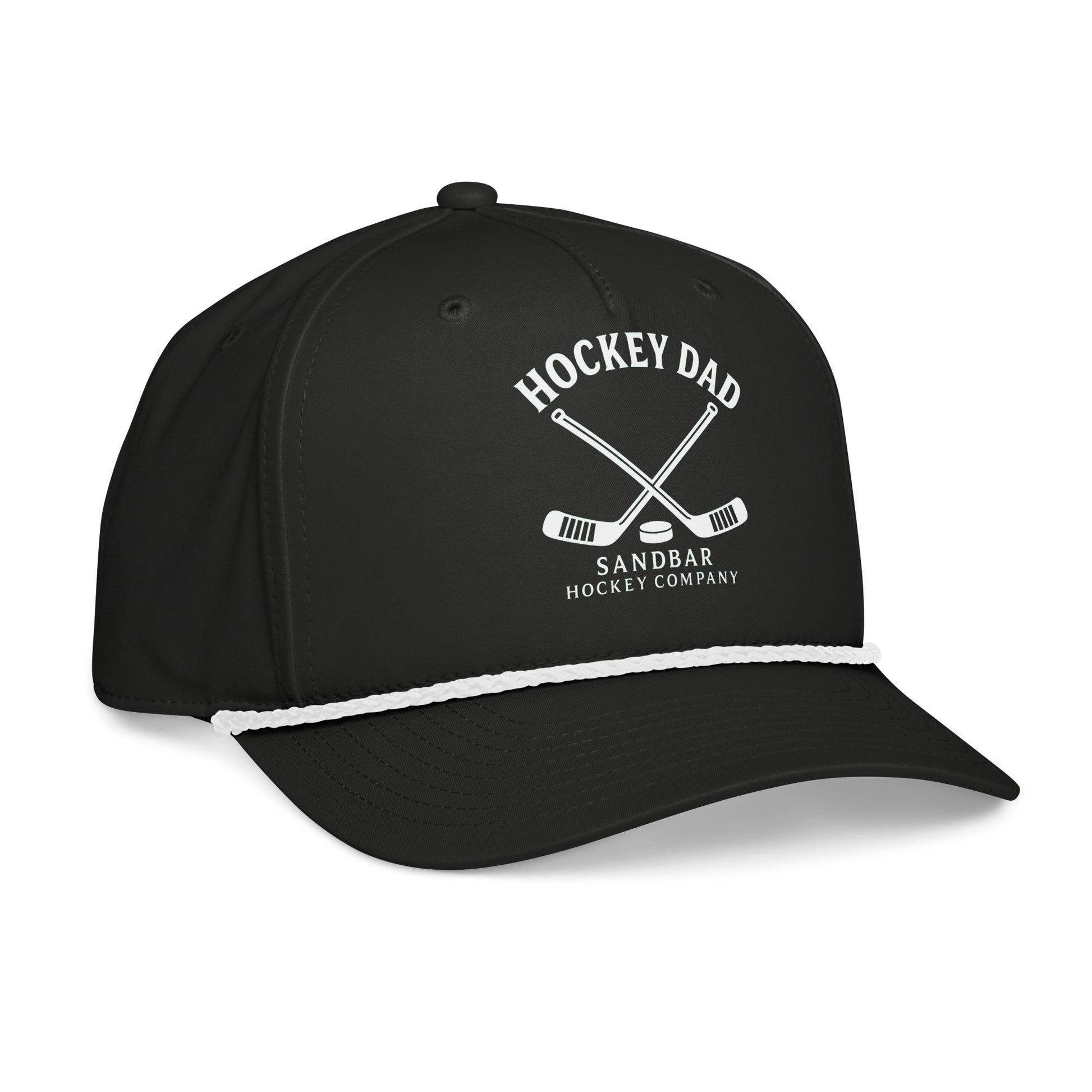 Black hockey dad rope hat right front angle view with Hockey Dad Sandbar Hockey Company graphic and white rope detail.