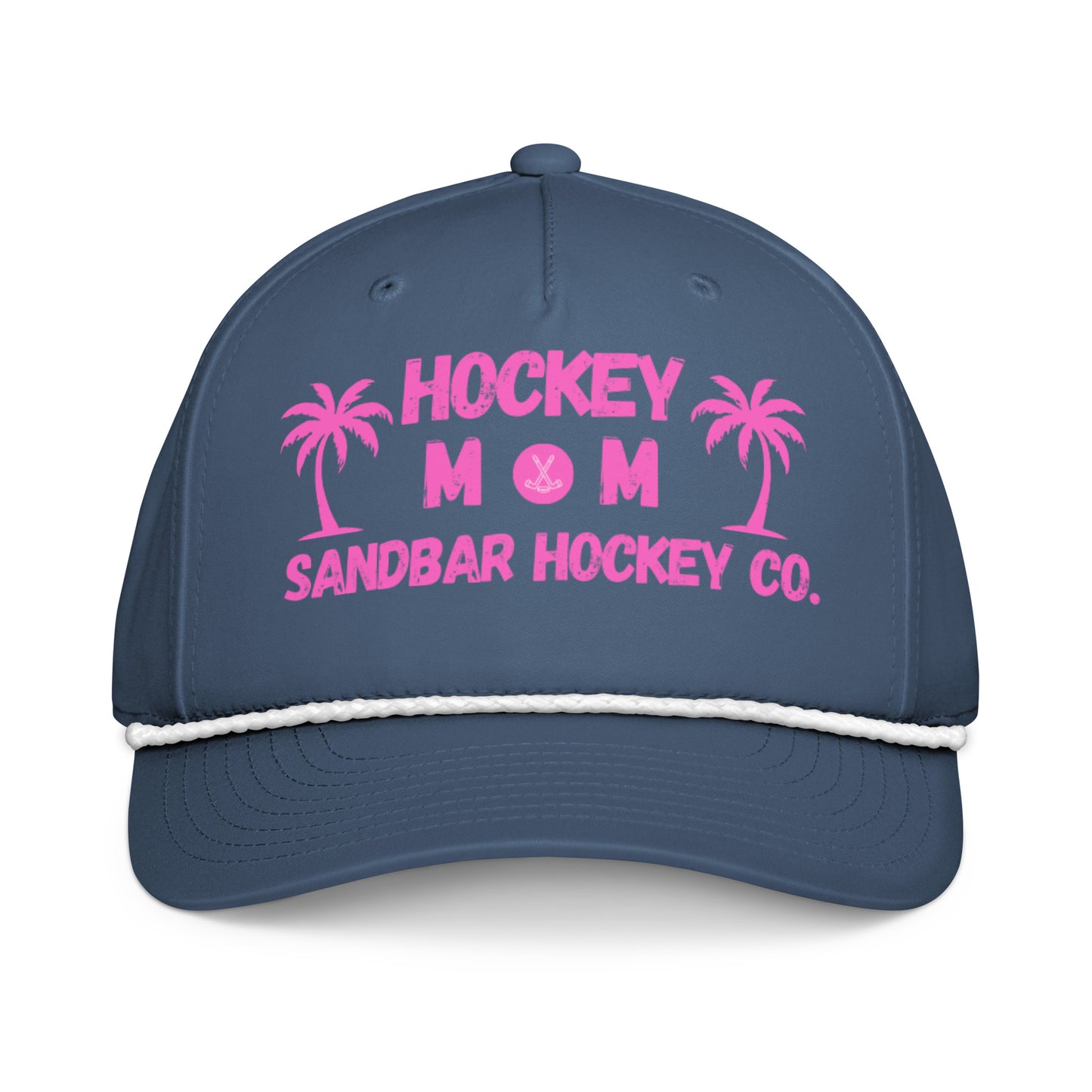 Blue hockey mom rope hat front view with pink Hockey Mom Sandbar Hockey Co. graphic and white rope detail.
