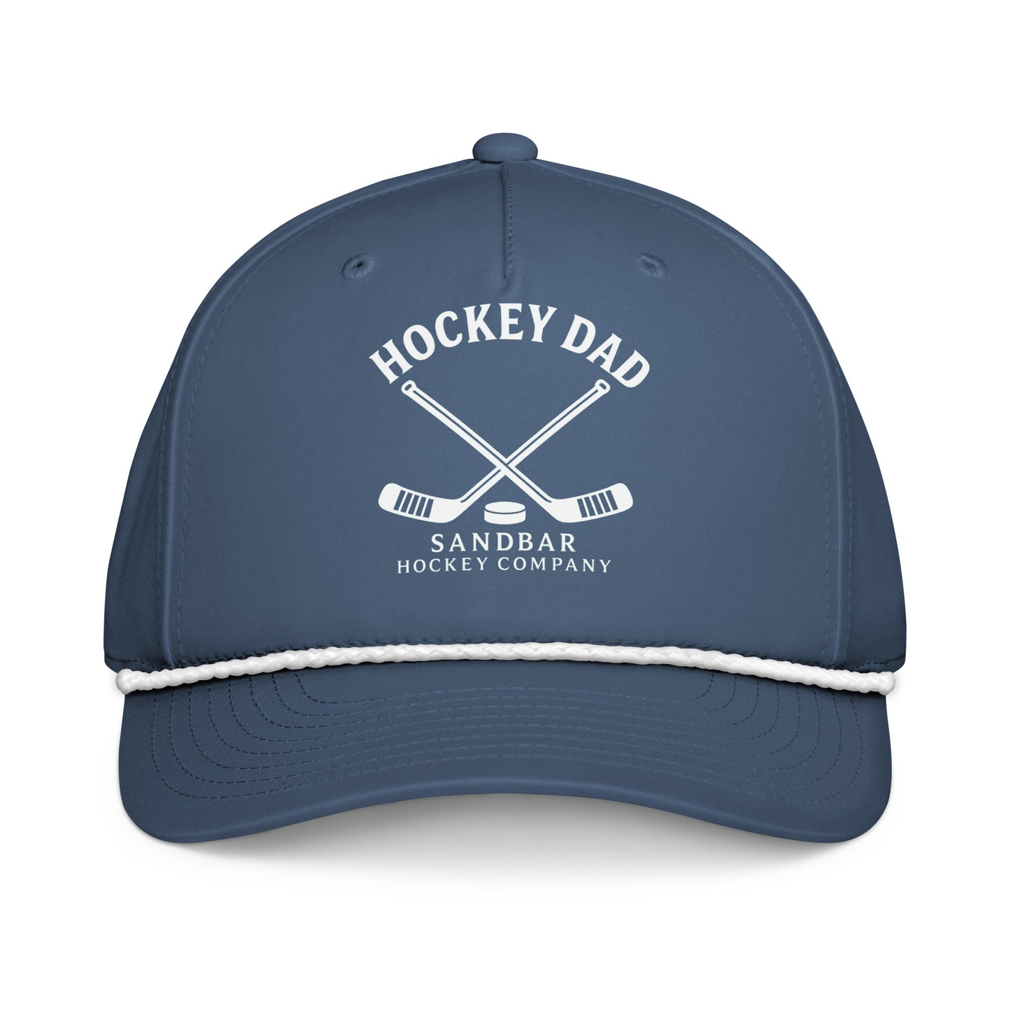 Blue hockey dad rope hat front view with Hockey Dad Sandbar Hockey Company graphic and white rope detail.