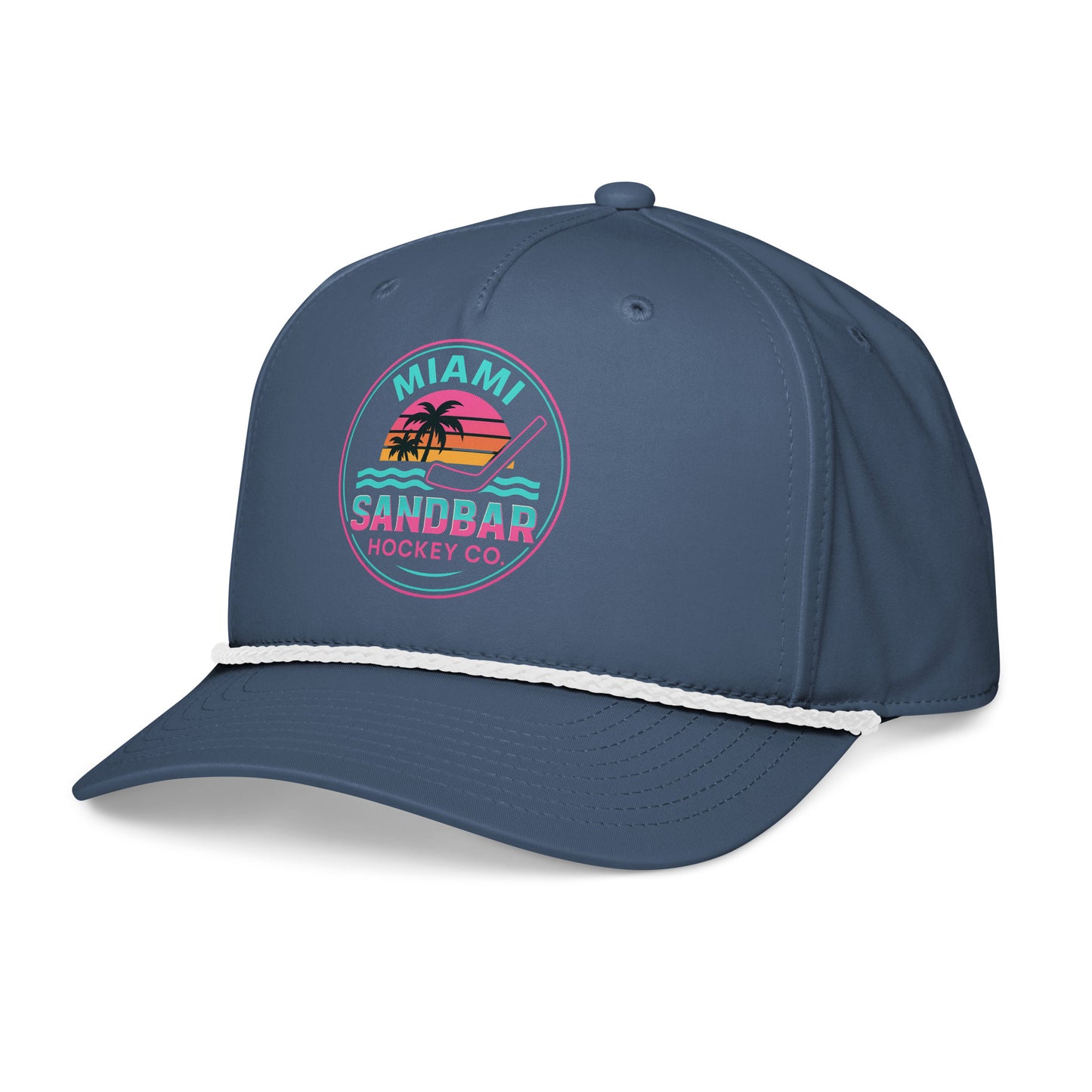 Blue Miami hockey snapback hat right front angle view with colorful Sandbar Hockey Co. sunset logo and curved brim.