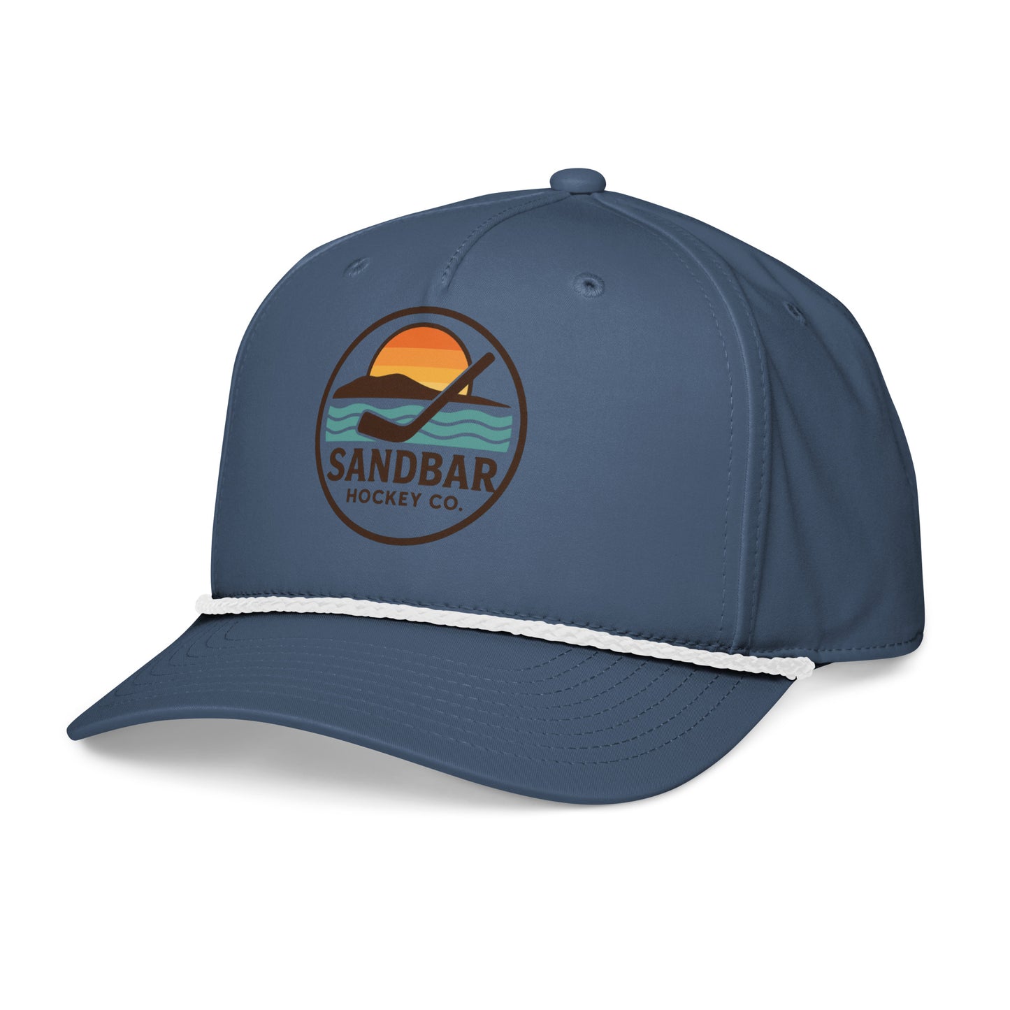 Blue hockey rope hat right front angle view with Sandbar Hockey Co. sunset puck logo, white rope detail, and curved brim.