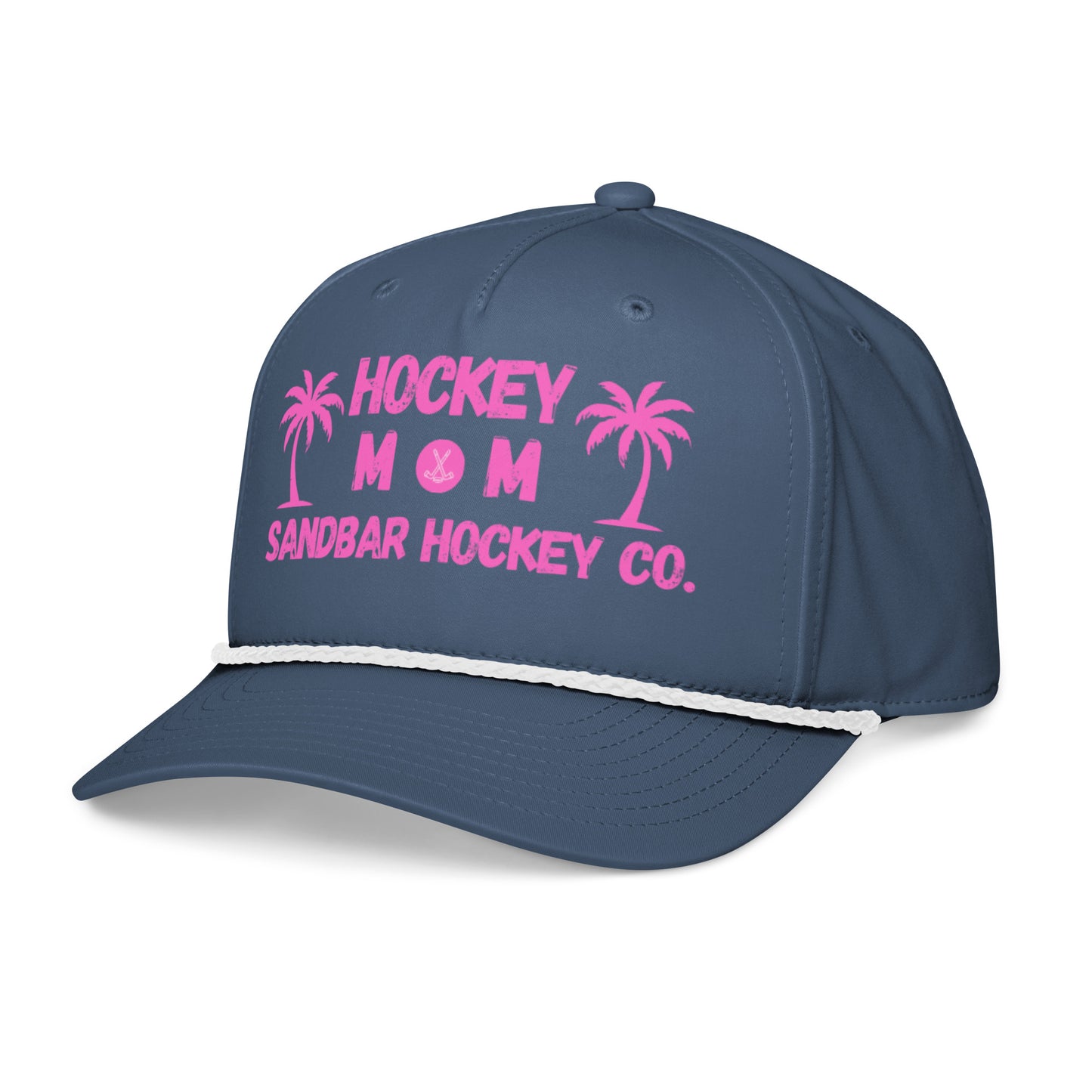 Blue hockey mom rope hat left front angle view with pink Hockey Mom Sandbar Hockey Co. graphic and white rope detail.