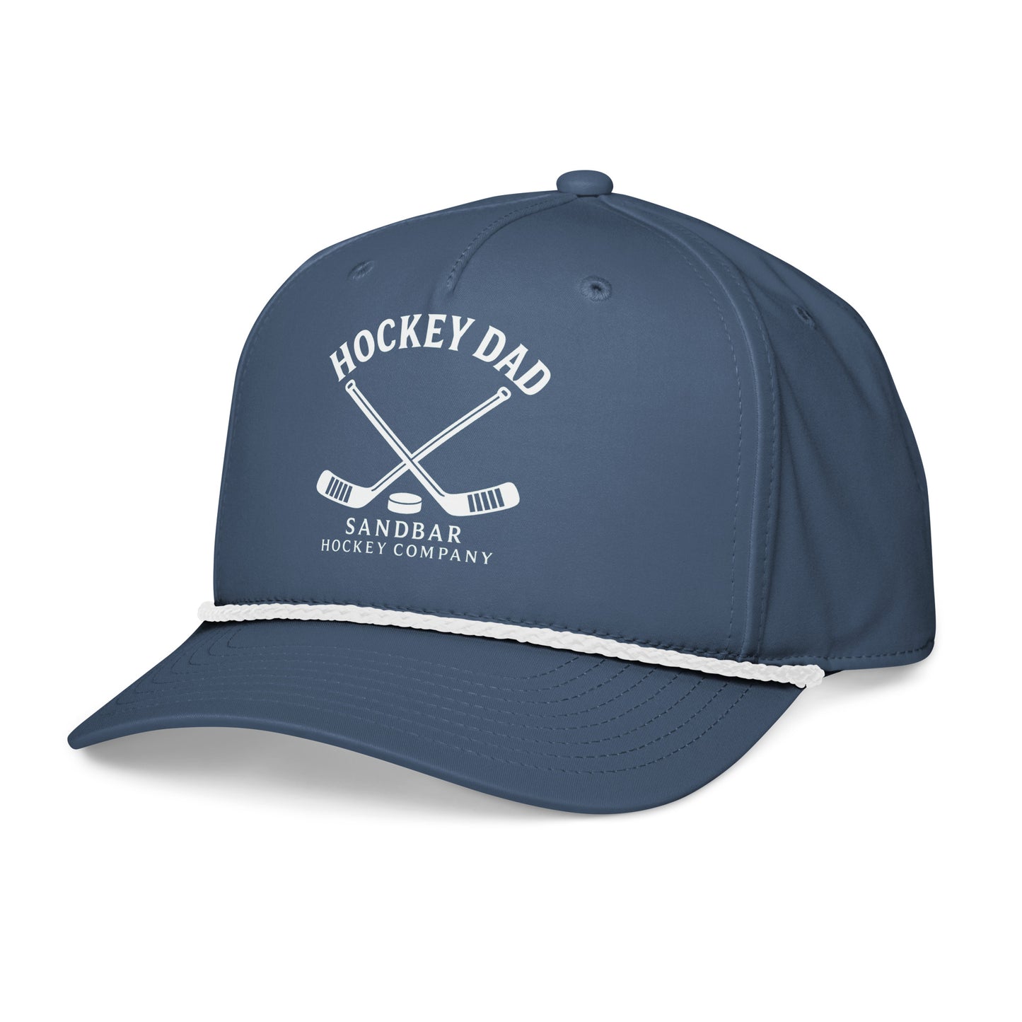 Blue hockey dad rope hat left front angle view with Hockey Dad Sandbar Hockey Company graphic and white rope detail.