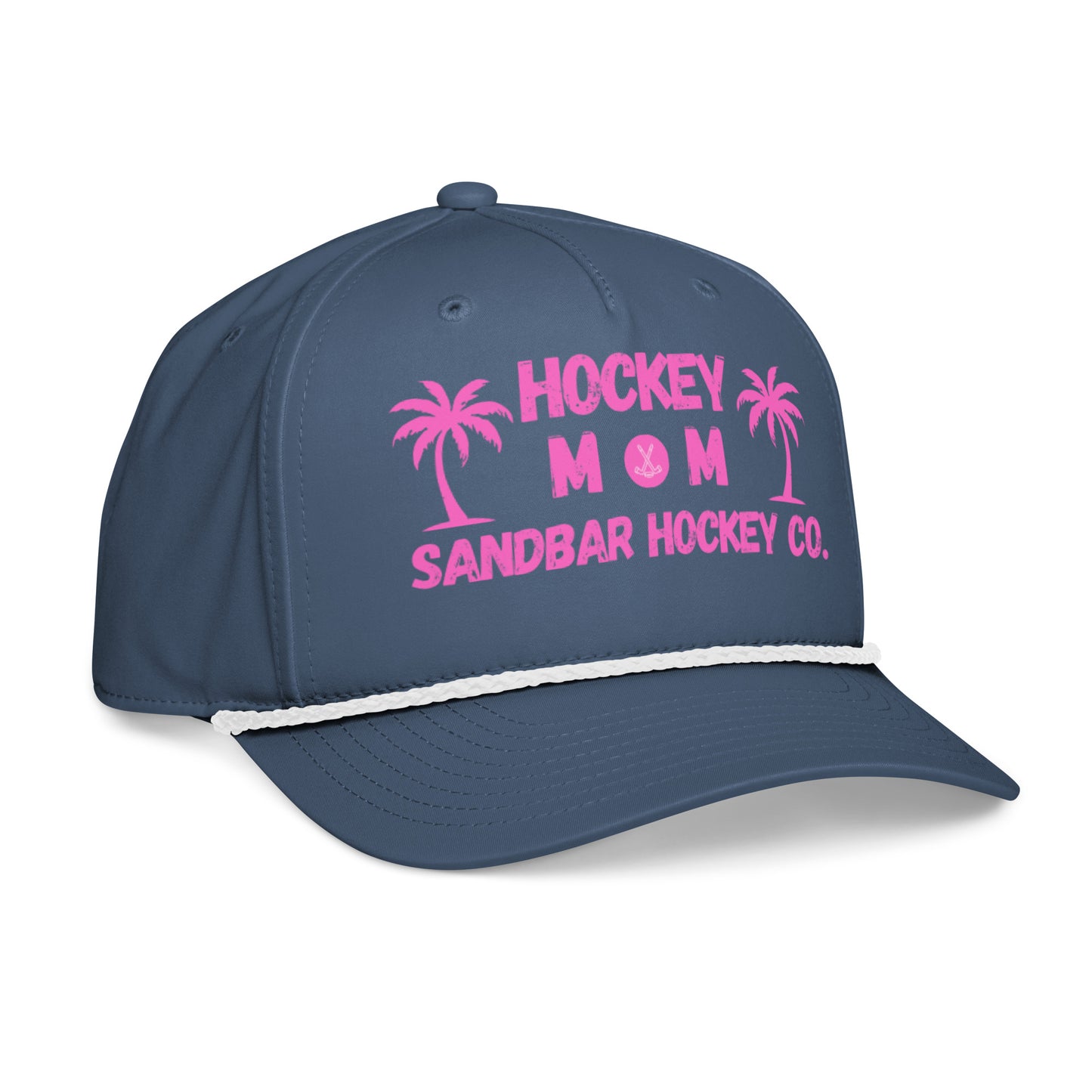 Blue hockey mom rope hat right front angle view with pink Hockey Mom Sandbar Hockey Co. graphic and white rope detail.