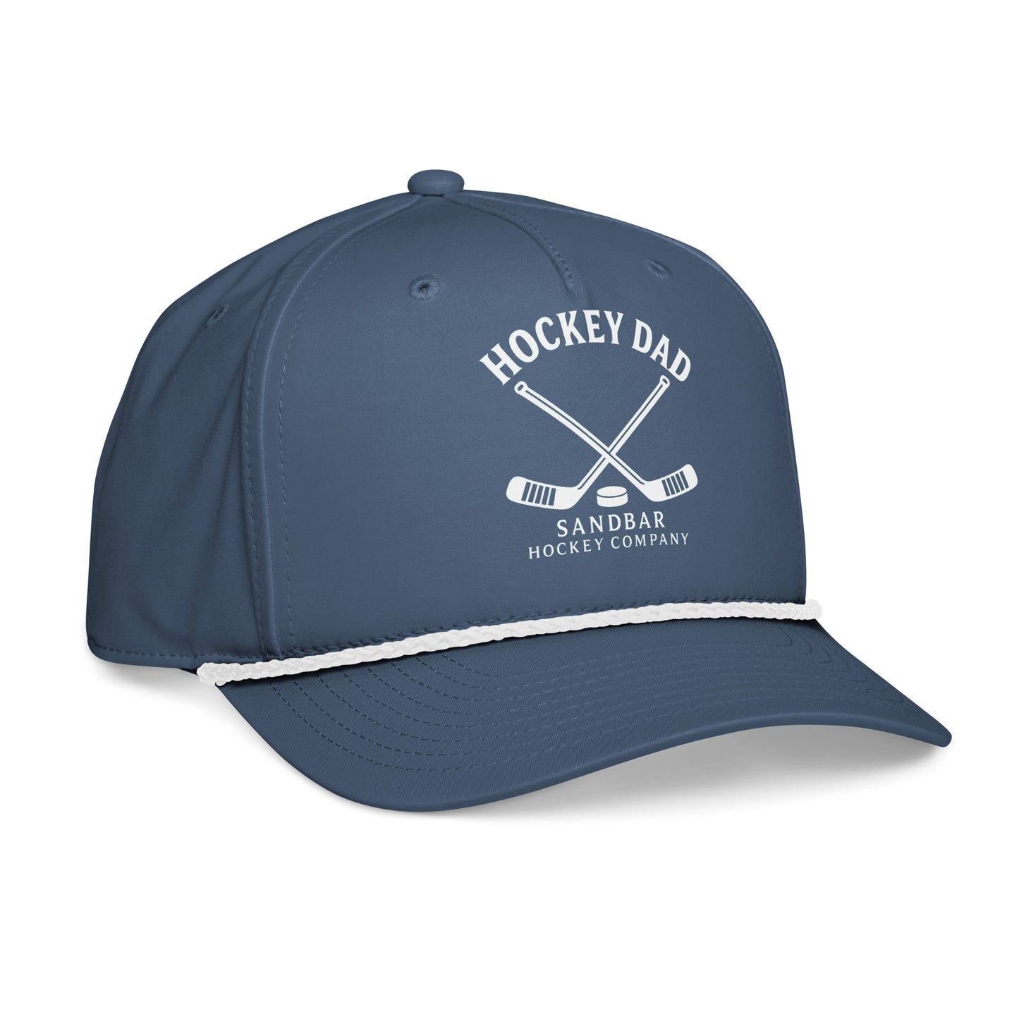 Blue hockey dad rope hat right front angle view with Hockey Dad Sandbar Hockey Company graphic and white rope detail.